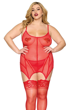 Plus size red velvet trim garter chemise with lace details, front view, stylish lingerie from 3wishes.com.