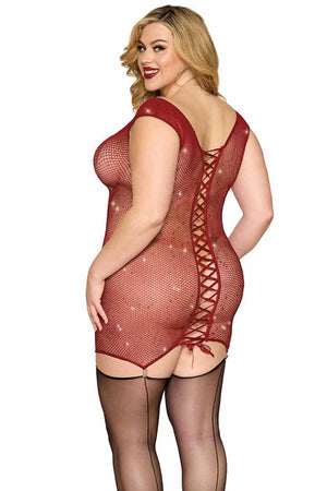 Back view of plus size burgundy glitter net chemise lingerie with sheer lace details, showcasing the elegant design and fit.