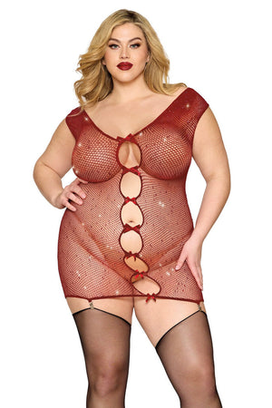 Plus size burgundy glitter net chemise with lace details, worn as lingerie, featuring a sheer, shimmering fabric and adjustable straps.
