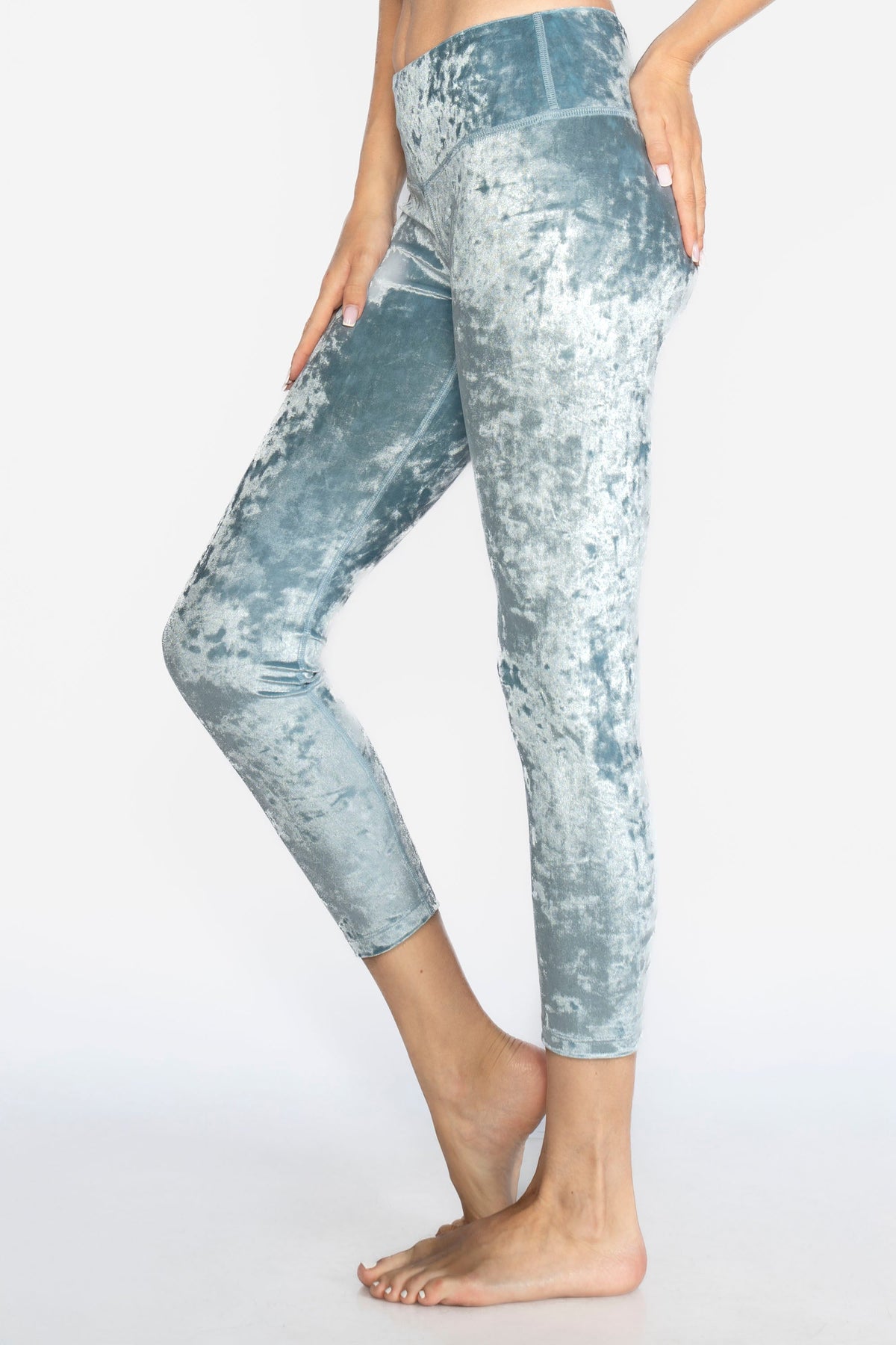 Trophy Yoga velvet cropped leggings, made in USA, shown in a soft stretch fabric close-up