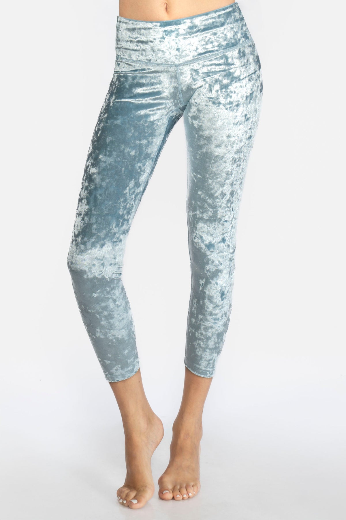 Trophy Yoga velvet cropped leggings, made in USA, shown in black velvety fabric and cropped fit