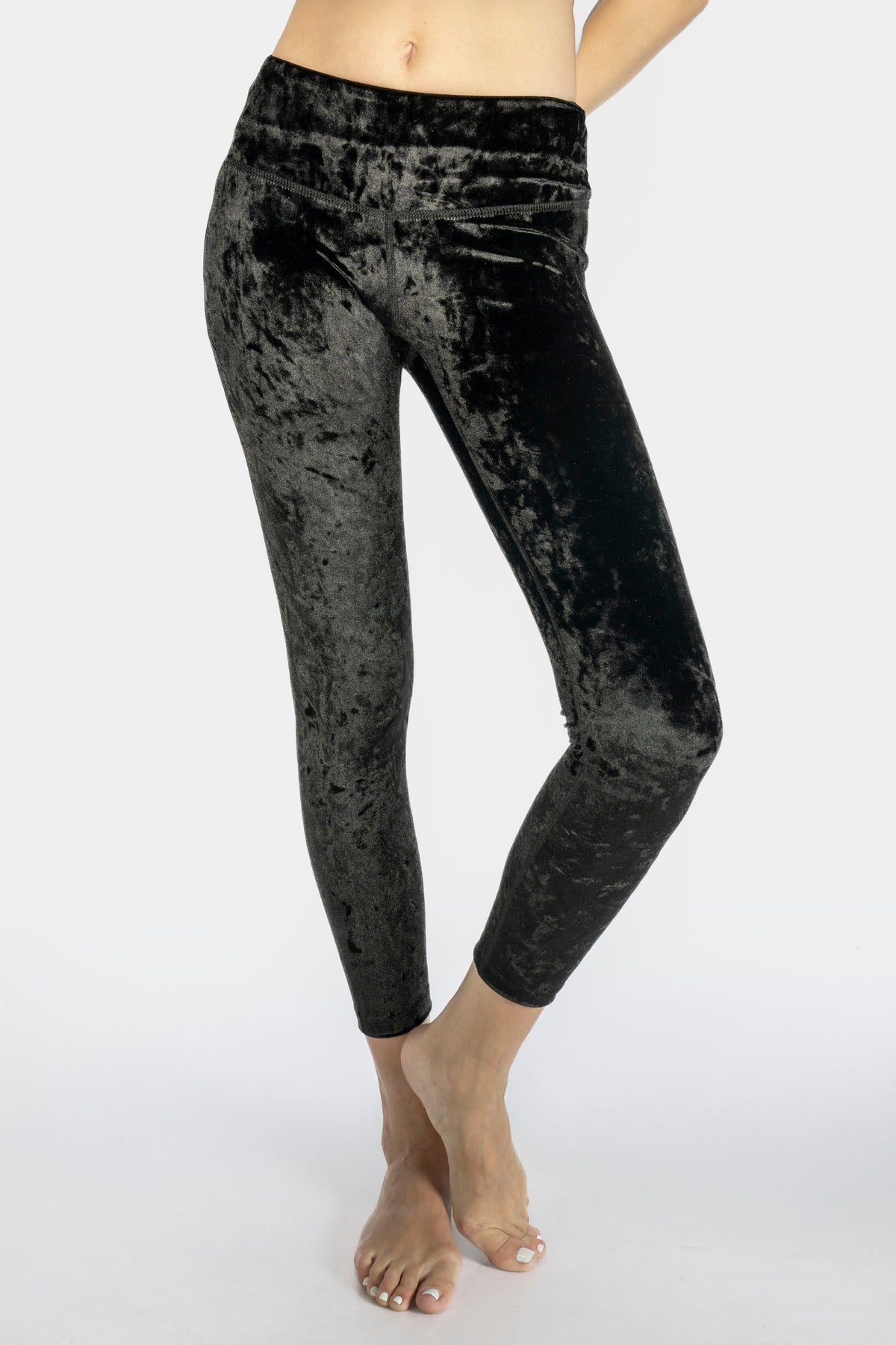 Trophy Yoga velvet cropped leggings, Made in USA, shown in a close-up product view