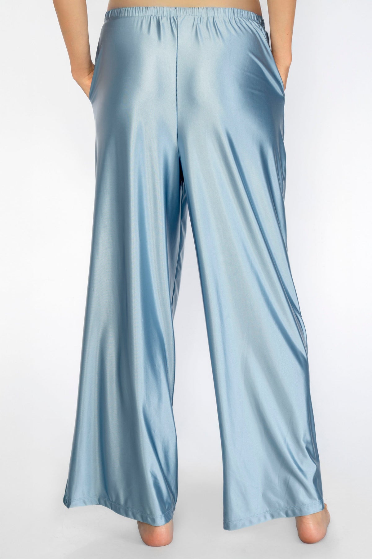 Trophy Yoga matte satin lounge pants, Made in USA, shown in a relaxed fit.