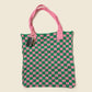 Pink and Green Checkered Tote Bag - Washable Cotton Knit with Key Ring
