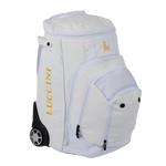 Luccini white wheeled gear bag with durable rolling design and spacious storage compartment