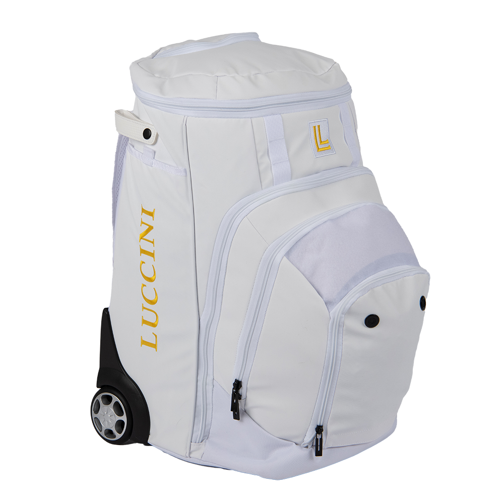 Luccini white wheeled gear bag with durable rolling design and spacious storage compartment