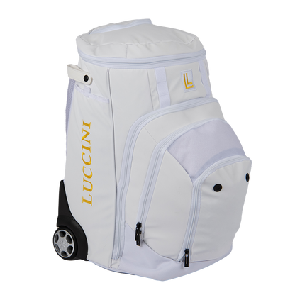 Luccini white wheeled gear bag with durable rolling design and spacious storage compartment