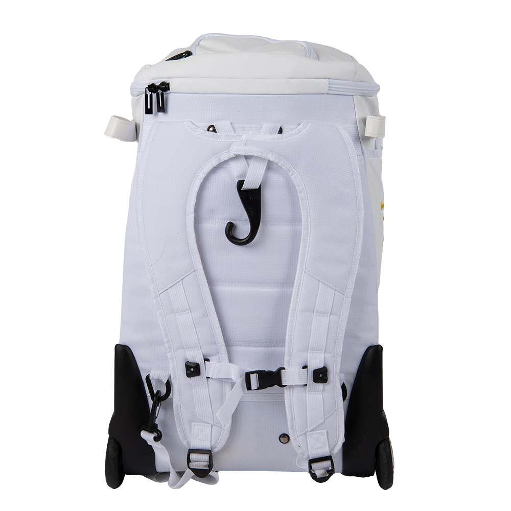 Luccini white wheeled gear bag with spacious zippered compartment and durable rolling design