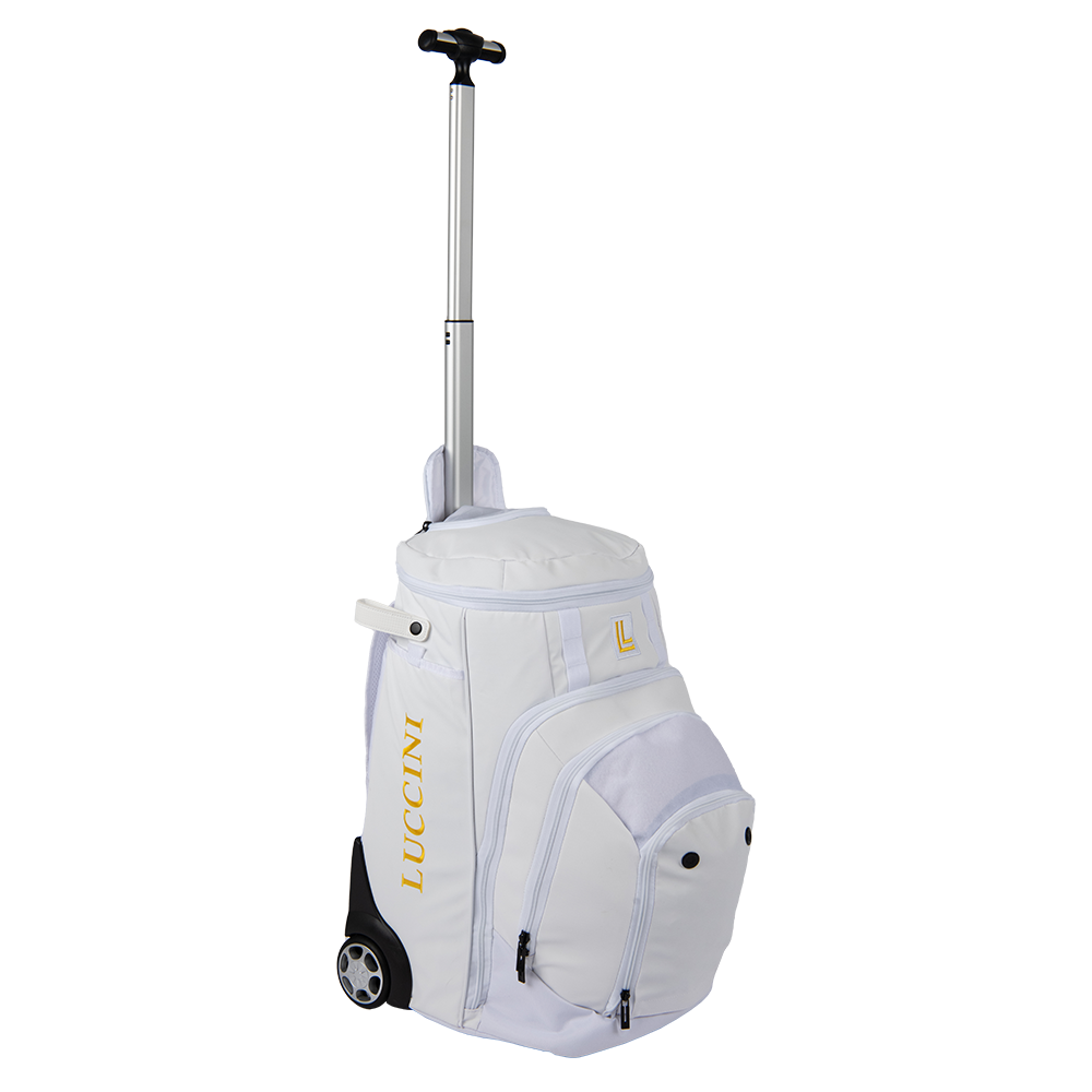 Luccini white wheeled gear bag with durable zippered design and rolling wheels