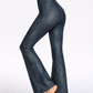 Trophy Yoga vintage denim flare leggings, made in USA, shown in blue denim fabric with flared legs