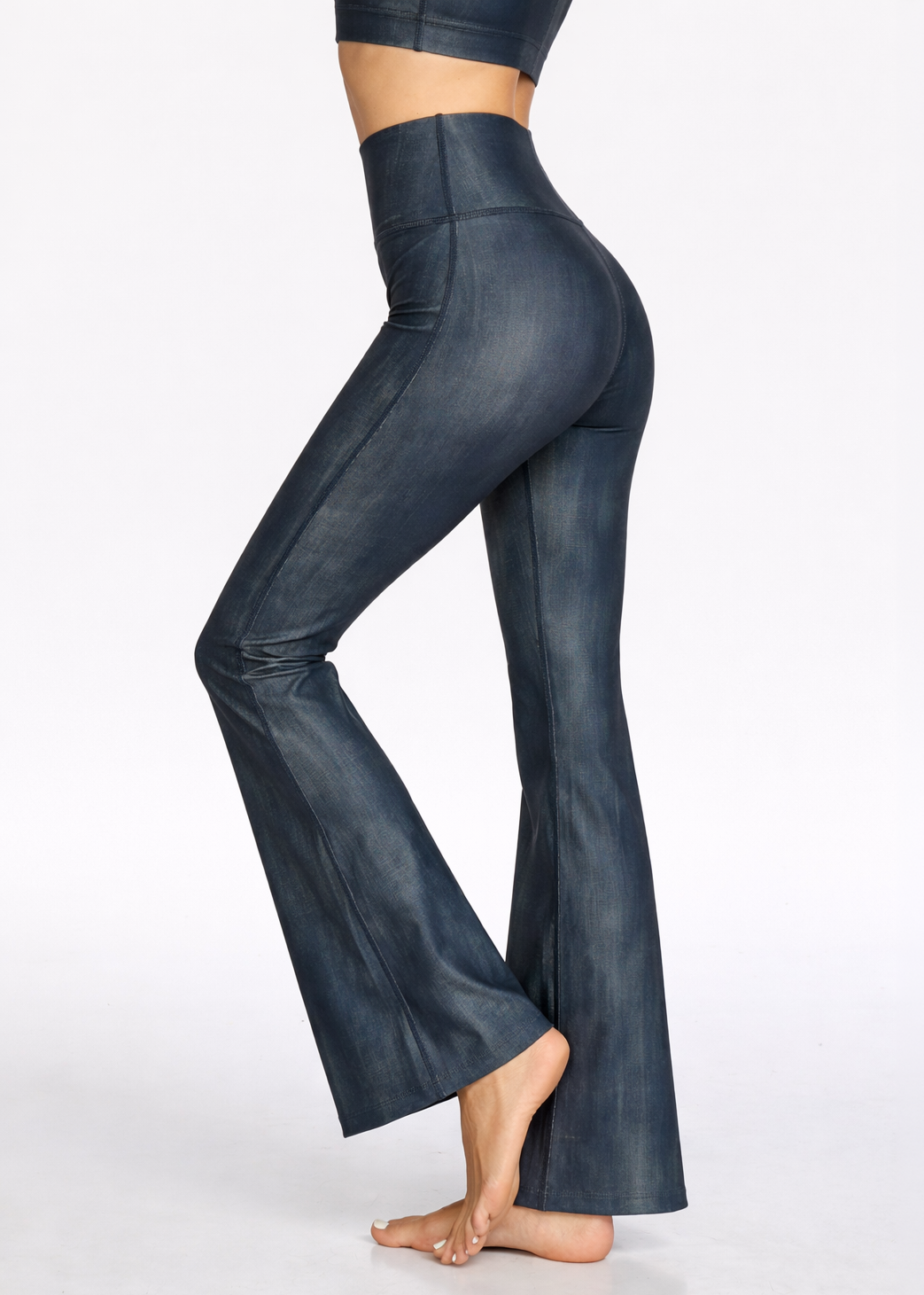 Trophy Yoga vintage denim flare leggings, made in USA, shown in blue denim fabric with flared legs