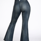 Trophy Yoga vintage denim flare leggings, made in USA, shown in a full-length product view