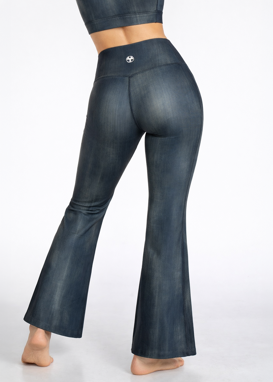 Trophy Yoga vintage denim flare leggings, made in USA, shown in a full-length product view