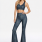 Trophy Yoga vintage denim flare leggings, made in USA, shown in a close-up product view
