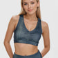 Trophy Yoga vintage denim twist crop top, made in USA, front view