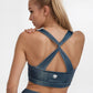 Trophy Yoga vintage denim twist crop top, made in USA, front view