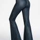 Trophy Yoga vintage denim flare leggings made in USA, front view with wide-leg silhouette
