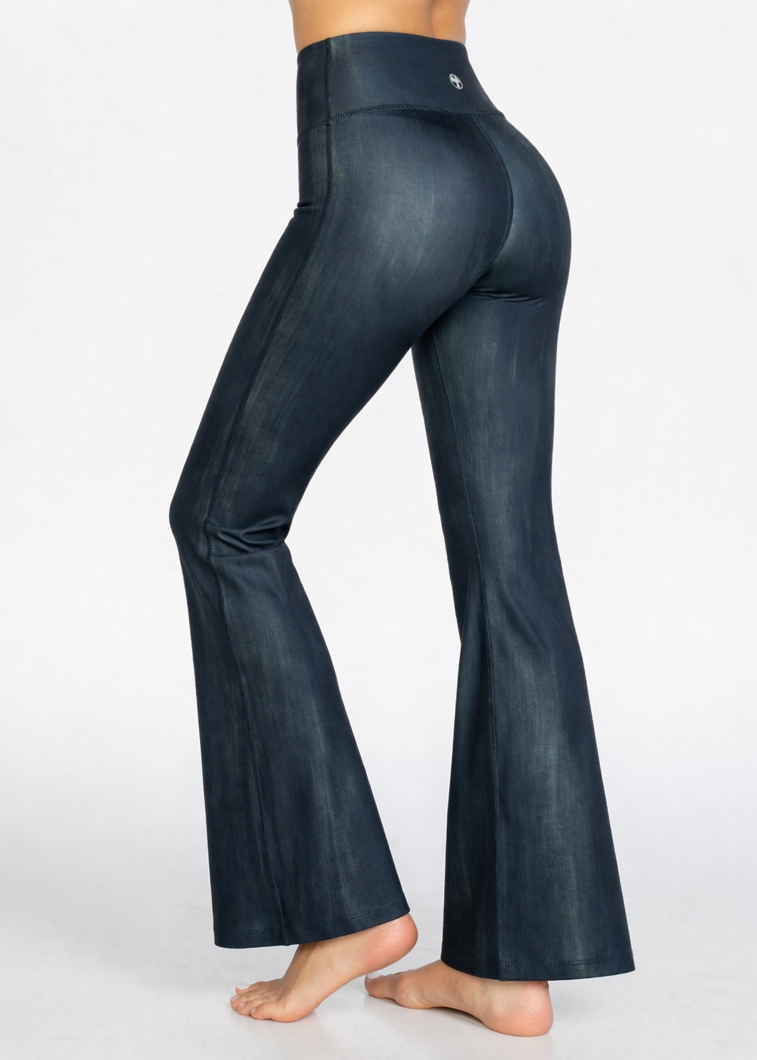 Trophy Yoga vintage denim flare leggings made in USA, front view with wide-leg silhouette