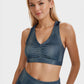 Trophy Yoga Vintage Denim Twist Crop Top made in USA, front view