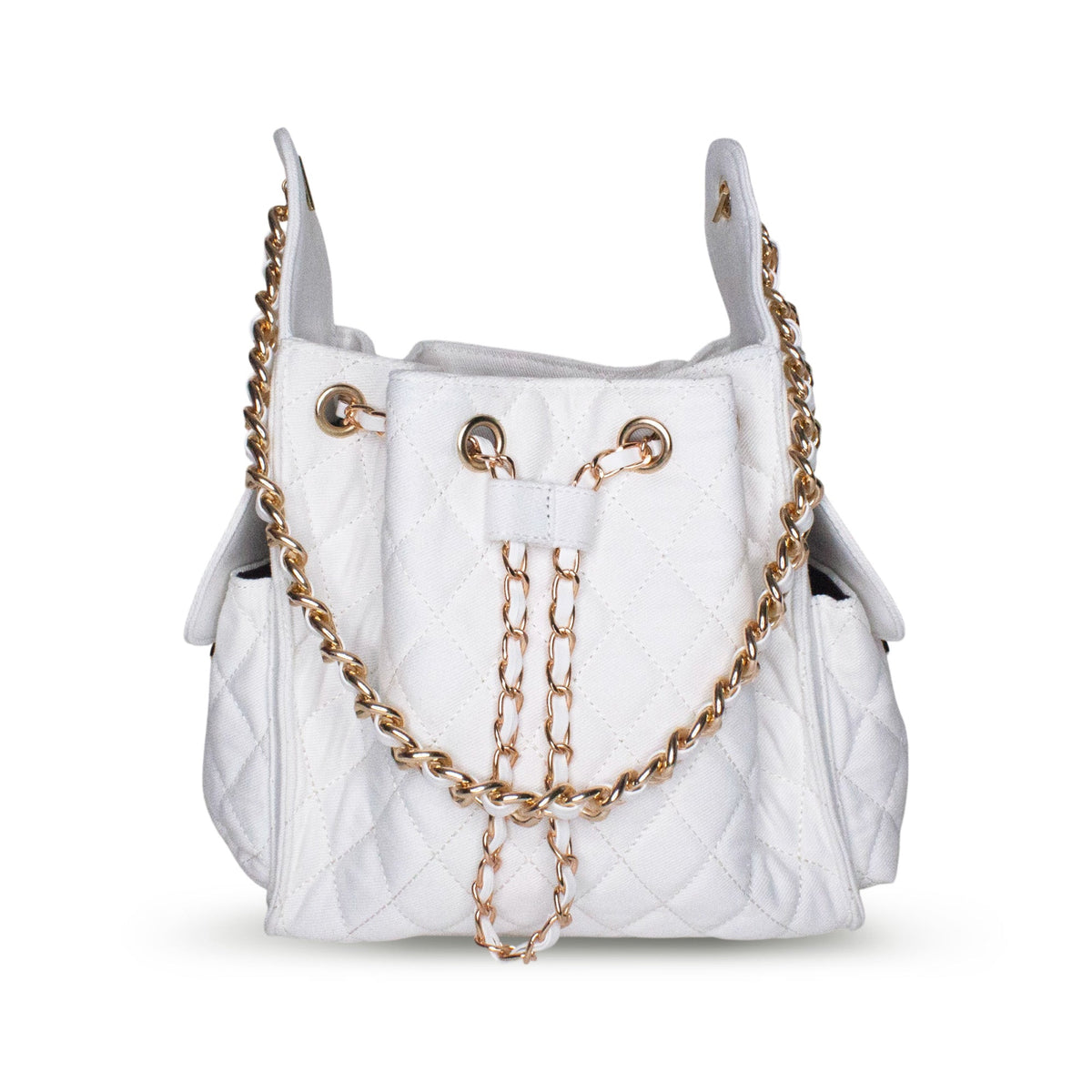BEACH HAUS Bayshore Bucket Small in white denim, compact bucket bag with structured shape and top handles