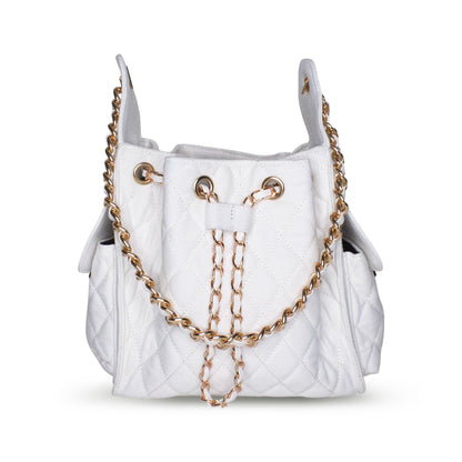 BEACH HAUS Bayshore Bucket Small in white denim, compact bucket bag with structured shape and top handles