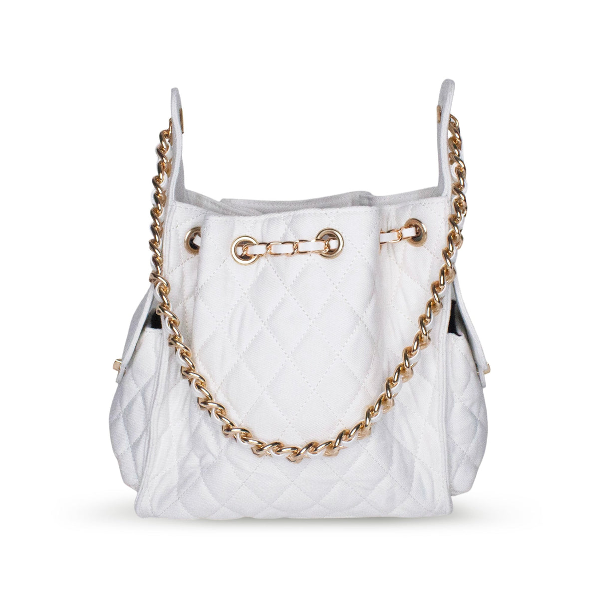BEACH HAUS Bayshore Bucket Small in white denim, structured bucket bag shown from the side