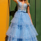 Nox Anabel E1293 Long Off the Shoulder Sweetheart Ruffled Tiered Tulle Gown