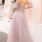 Nox Anabel E1453 Long Strapless A-Line Tulle Gown Removable Arm Cuffs