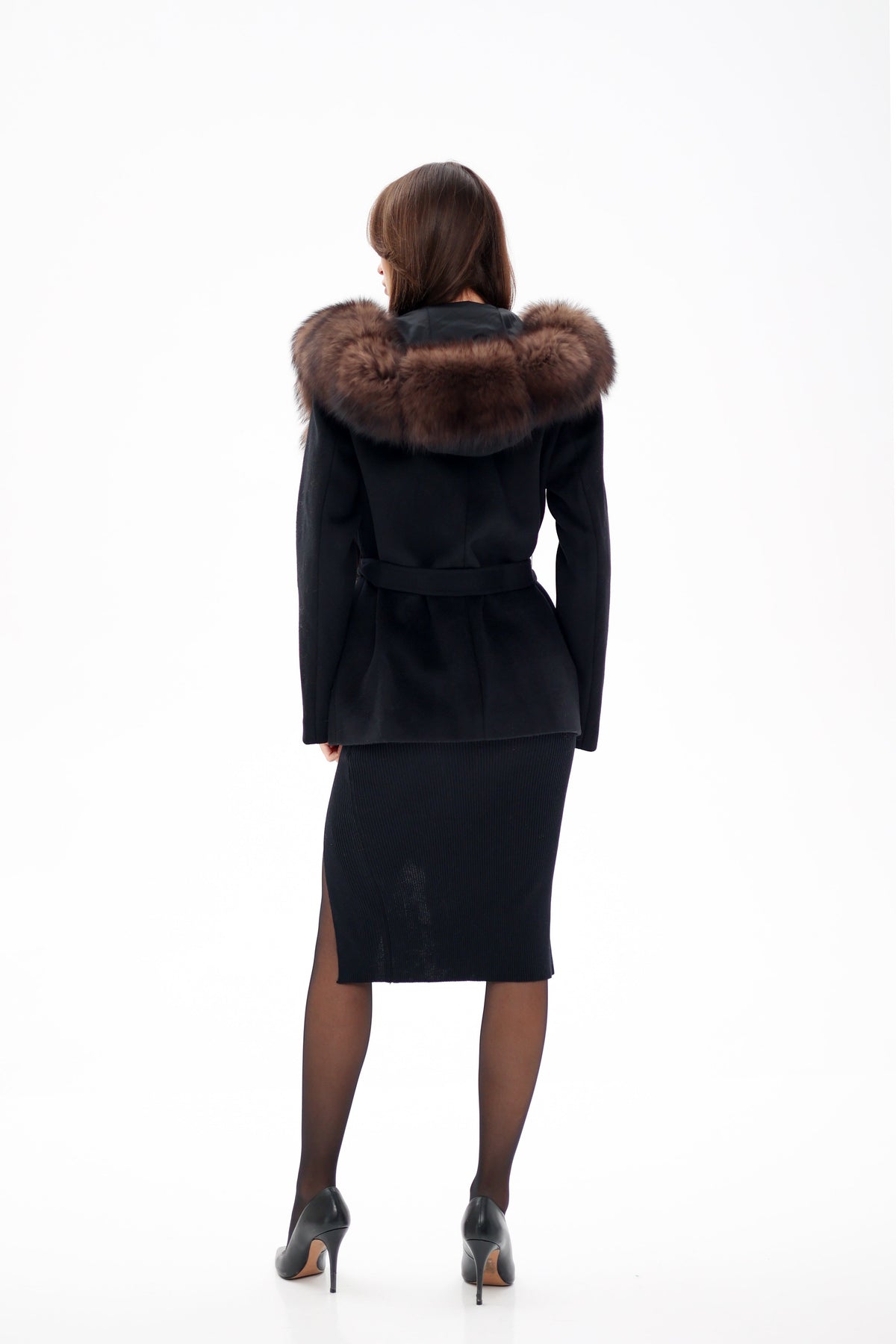Alaska Outerwear Company genuine polar fox fur hooded virgin wool coat in a classic silhouette