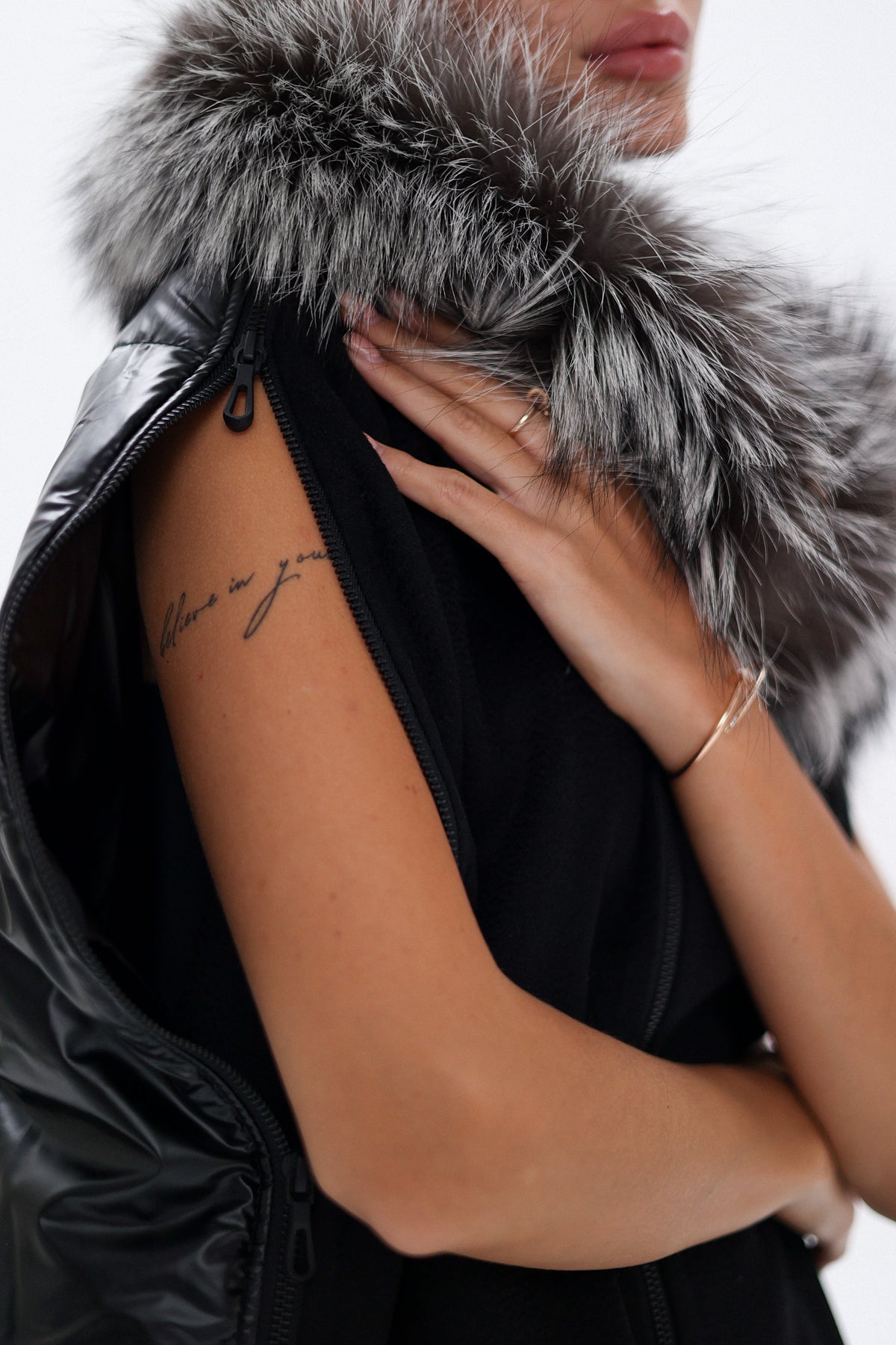 Alaska Outerwear Company black Saga Furs silver fox wool cashmere poncho vest coat