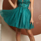 Nox Anabel E779 Plunging V-Neck Embroidered Bodice Short Dress