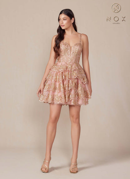 Nox Anabel E914 Short Applique Tiered A-Line Dress