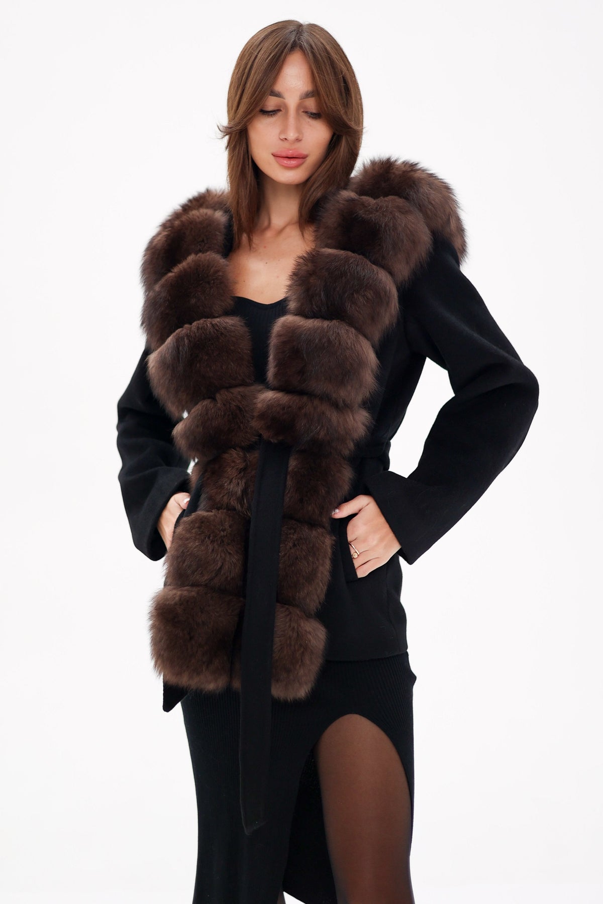 Alaska Outerwear Company genuine polar fox fur hooded virgin wool coat, front view