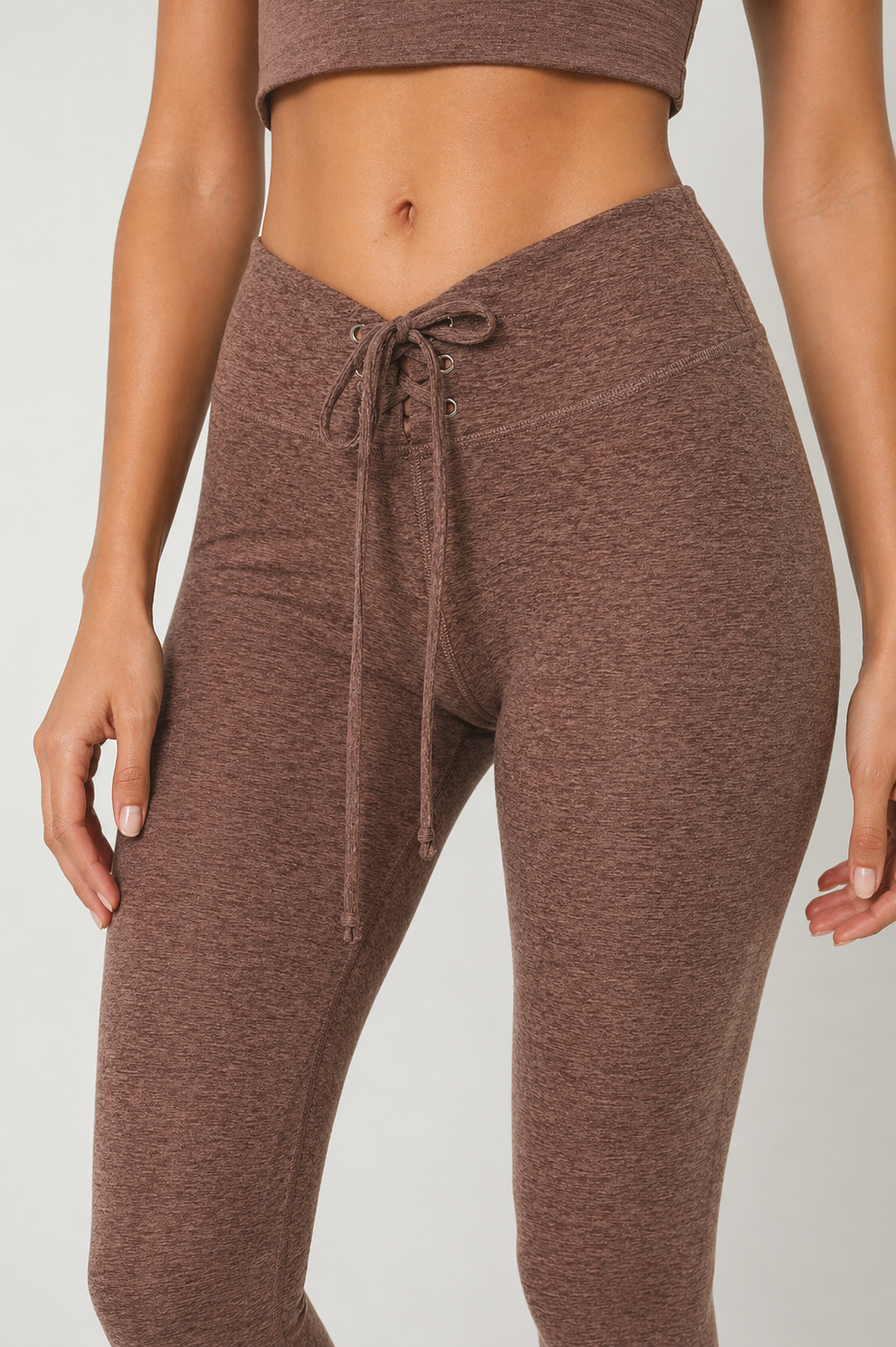 Trophy Yoga All Tied Up leggings made in USA, showing a fitted design and tied waist detail