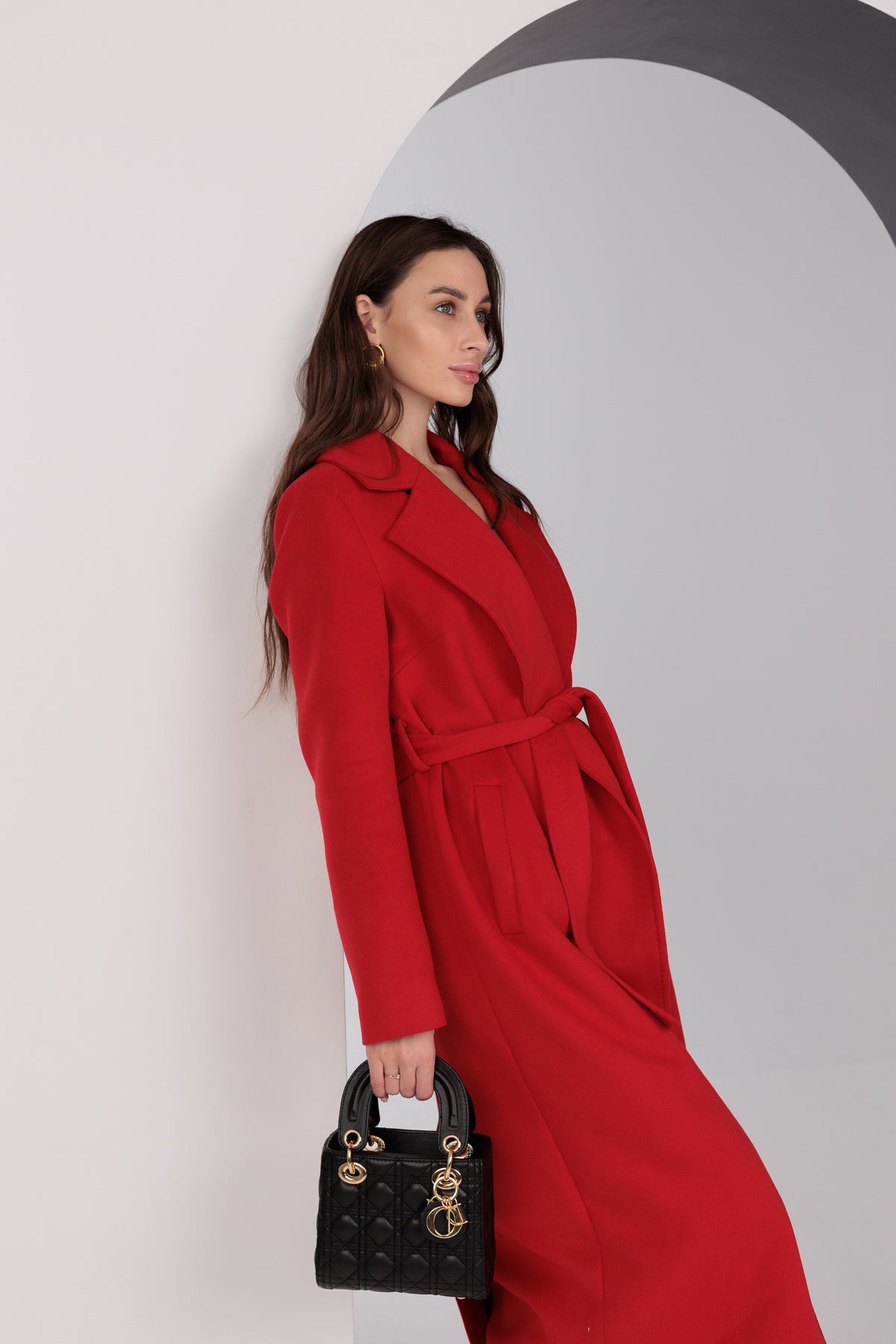 Alaska Outerwear Company Astoria red classic wraparound wool blend overcoat with long sleeves and tailored fit