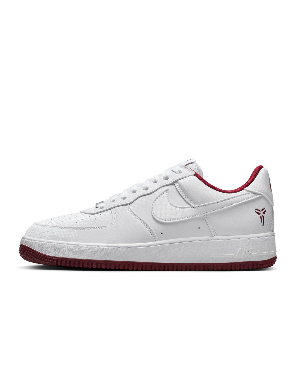 Nike men's Kobe Air Force 1 Low sneakers in white with team red accents, showcasing the stylish low-top design and branding.