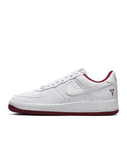 Nike men's Kobe Air Force 1 Low sneakers in white with team red accents, showcasing the stylish low-top design and branding.