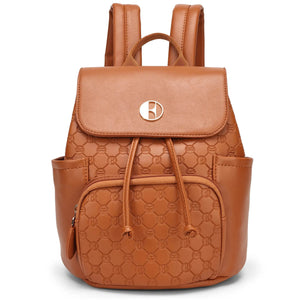 Brown Compass 10L vegan leather monogram mini backpack by Travellty, front view showing straps and sleek design.