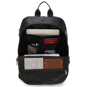 Black Luxe Journey 18L twill and vegan leather backpack by Travellty with interior compartments and stylish design.