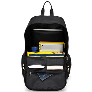 Travellty Rendezvous 25L black twill backpack showing interior compartments and spacious design for everyday use.