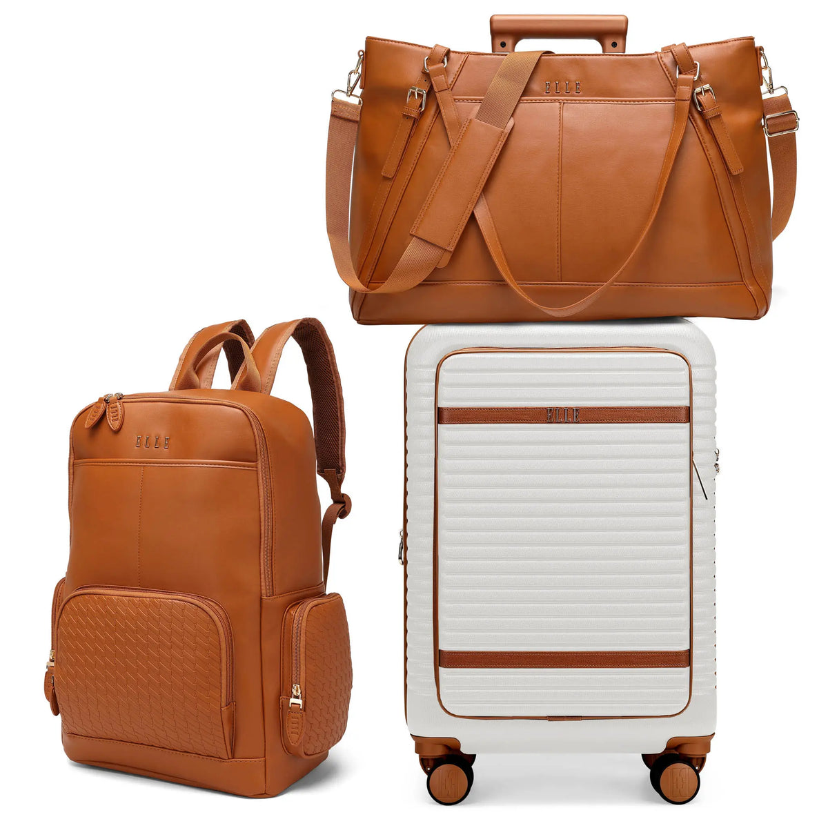 Travelly Leisure Escape expandable 3-piece luggage set includes a carry-on suitcase, weekender, and backpack in brown.