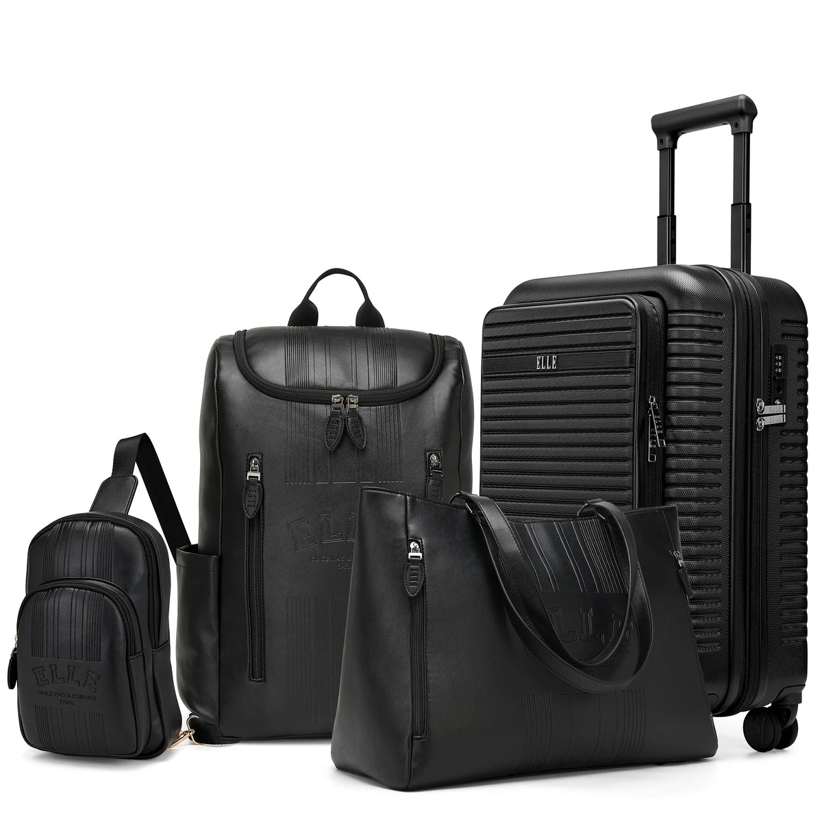 Travellty Roamer Escape expandable 4-piece luggage set includes a carry-on suitcase, weekender backpack, and crossbody bag in black.