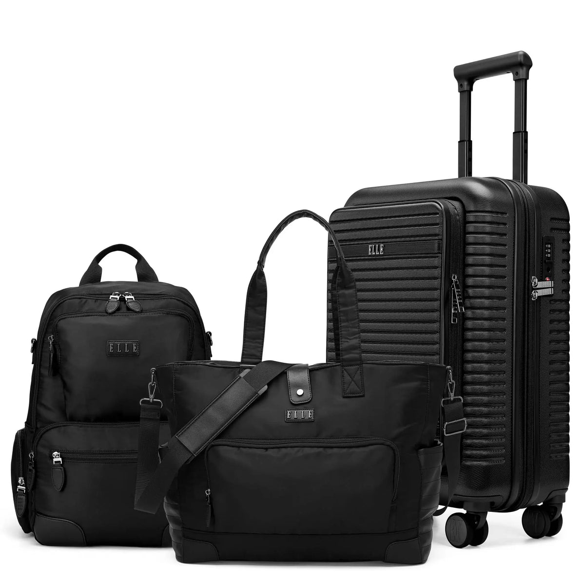 Travelly Voyage Escape expandable 3-piece luggage set, including a carry-on suitcase, weekender, and backpack in black.