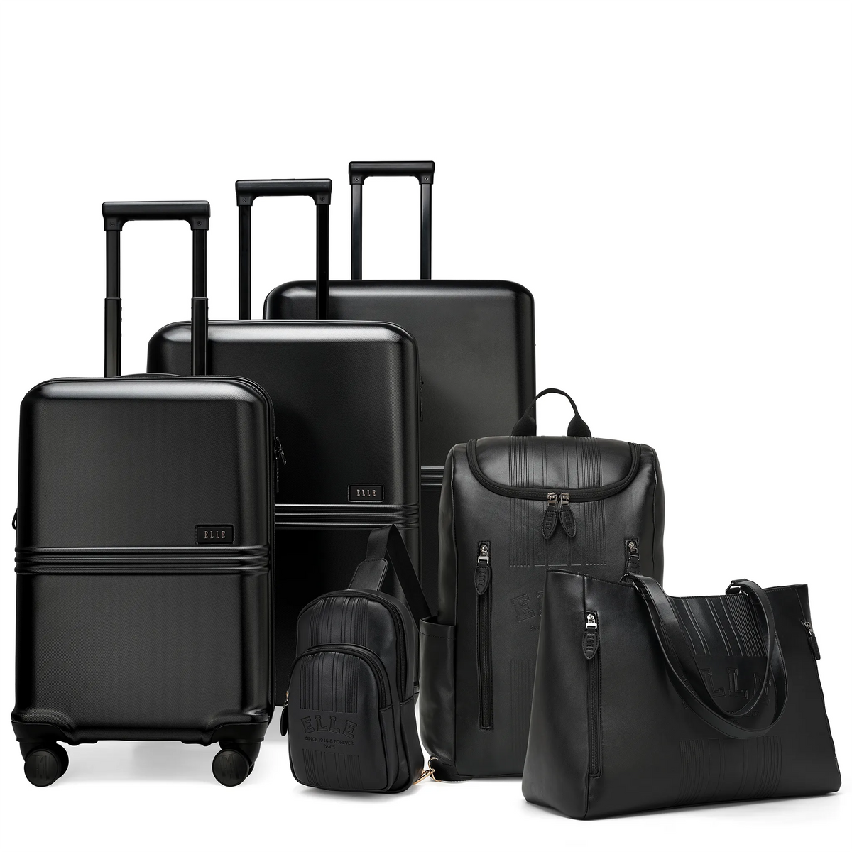 Travel luggage set including expandable 6-piece Roamer Expedition suitcases, a weekender backpack, and a crossbody bag in black.