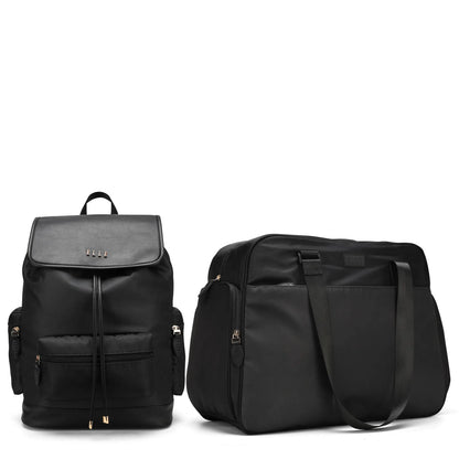 Black Wayfarer 2-piece weekender and backpack set by Travellty, showing sleek, coordinated travel bags with handles and zippers.