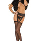 Black fishnet stockings with attached garter belt, showcasing intricate netting and adjustable straps for a stylish, seductive look.