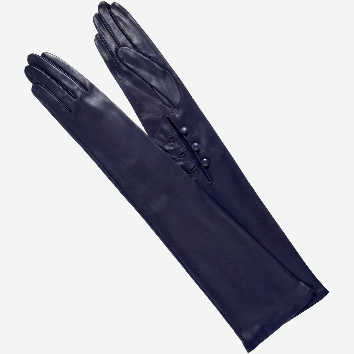 Navy Italian silk-lined leather opera gloves with 16 buttons, styled for elegance and sophistication.