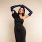Navy Italian silk-lined leather opera gloves with 16 buttons, designed for elegant formal occasions.