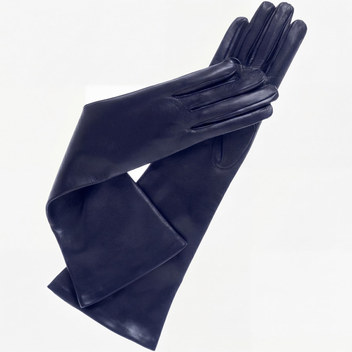 Navy Italian silk-lined leather opera gloves with 8-button length, designed for elegant formal wear.