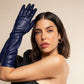 Navy Italian silk-lined 8-button leather opera gloves by Leather Gloves Online, showing elegant length and button details.